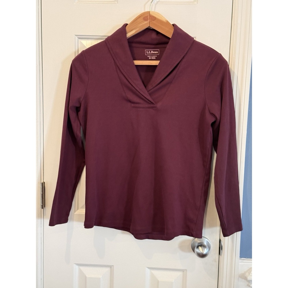 L.L. Bean W Med Purple Collar Knit LngSleeve Cotton Top Preppy Classic Casual